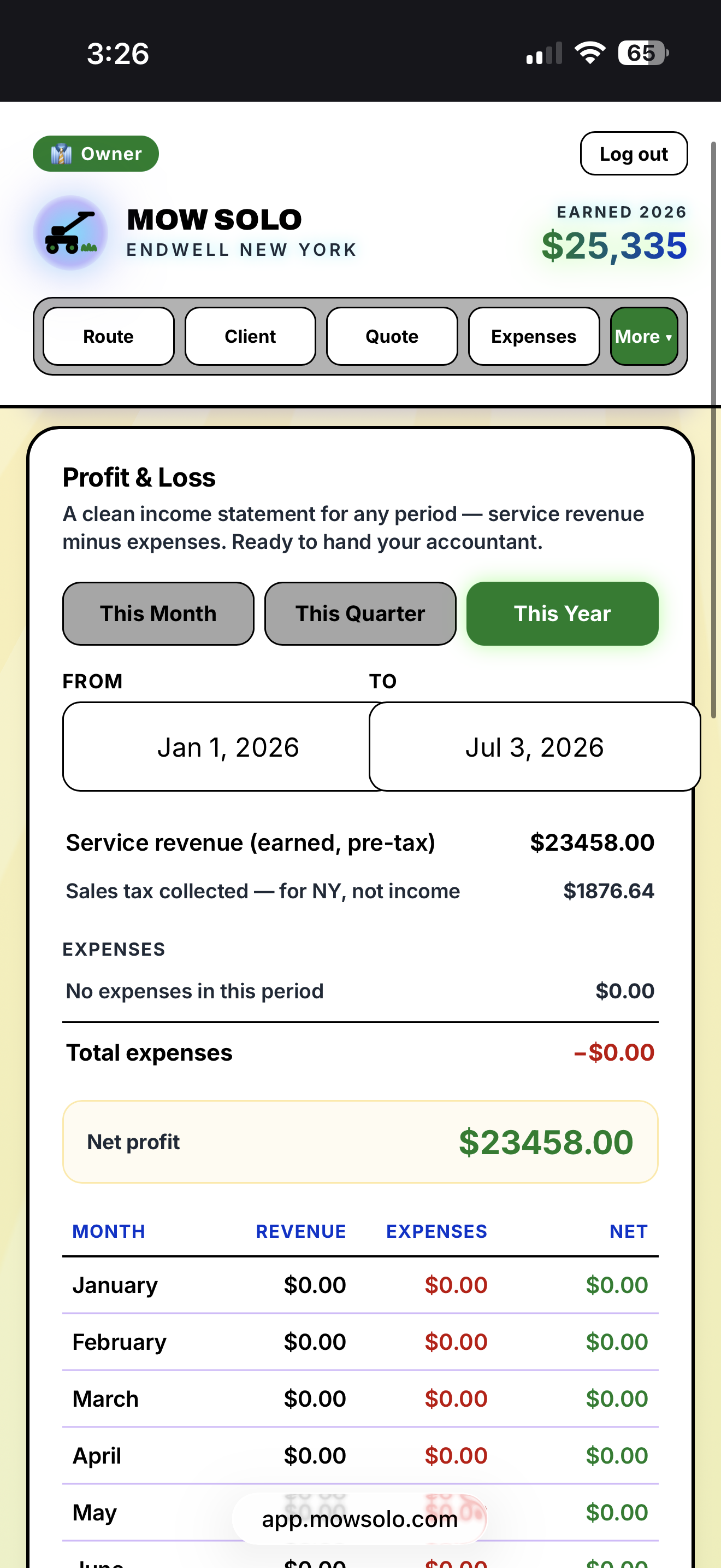 MowSolo app — Profit & Loss with net profit and sales-tax summary