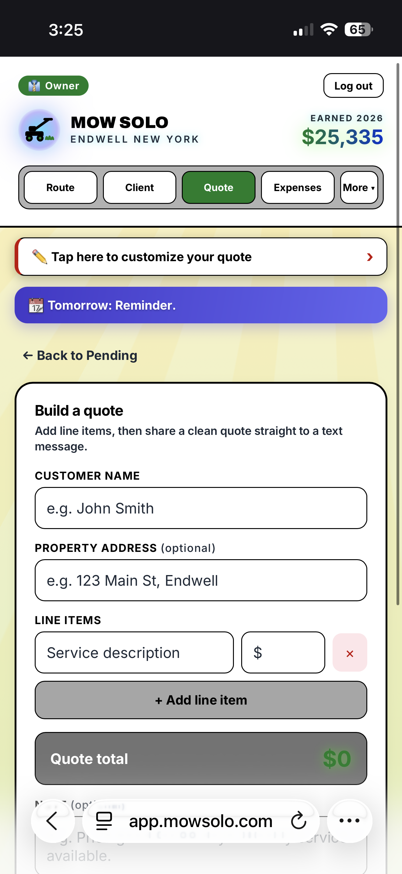 MowSolo app — building an itemized quote with line items