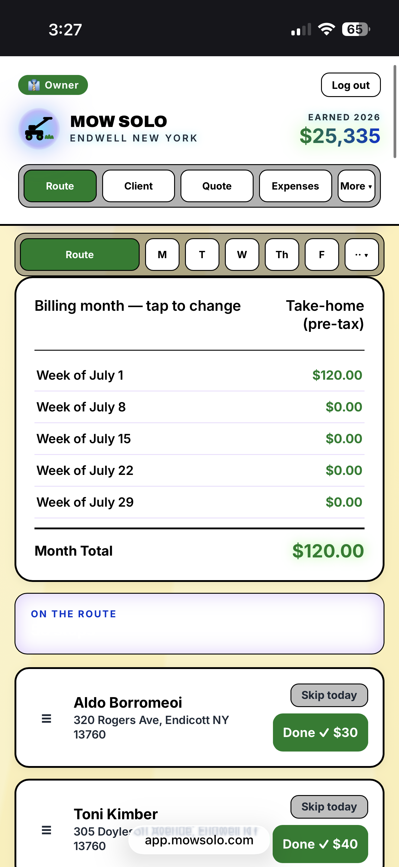 MowSolo app — daily route with weekly and monthly take-home totals and client cards